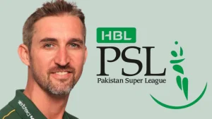 Jason Gillespie alongside the official Pakistan Super League (PSL) logo, highlighting his association with the T20 tournament.