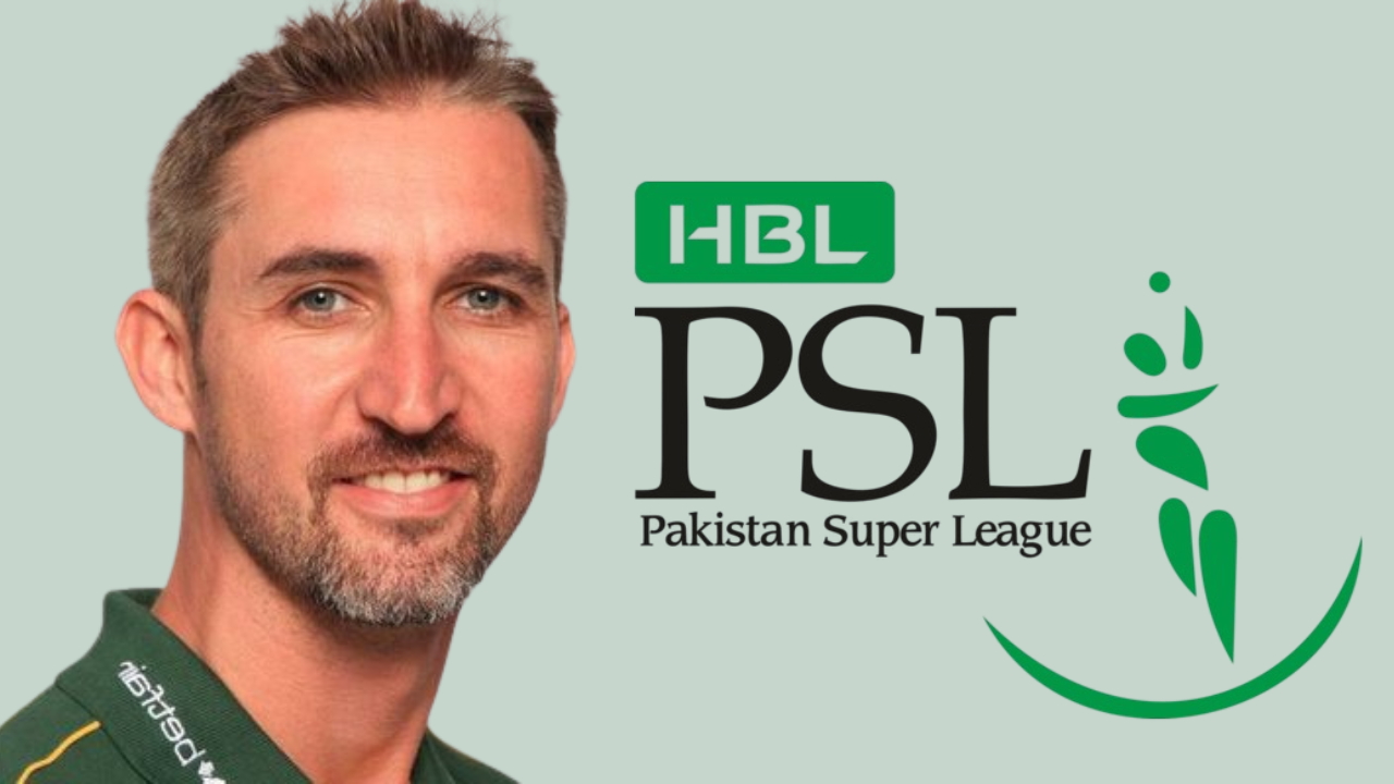 Jason Gillespie alongside the official Pakistan Super League (PSL) logo, highlighting his association with the T20 tournament.