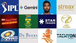Jasprit Bumrah featured in a collage with logos of IPL, Mumbai Indians, cricket boards (South Africa, UAE, KNCB), and brands like Gemini, Streax, Bar One, De Beers, Star Trader, and Tachyon Security.