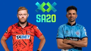 Jonny Bairstow and Keshav Maharaj posing in their SA20 league team jerseys with the SA20 logo in the background