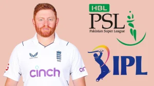 England cricketer Jonny Bairstow with PSL and IPL logos representing Pakistan Super League and Indian Premier League