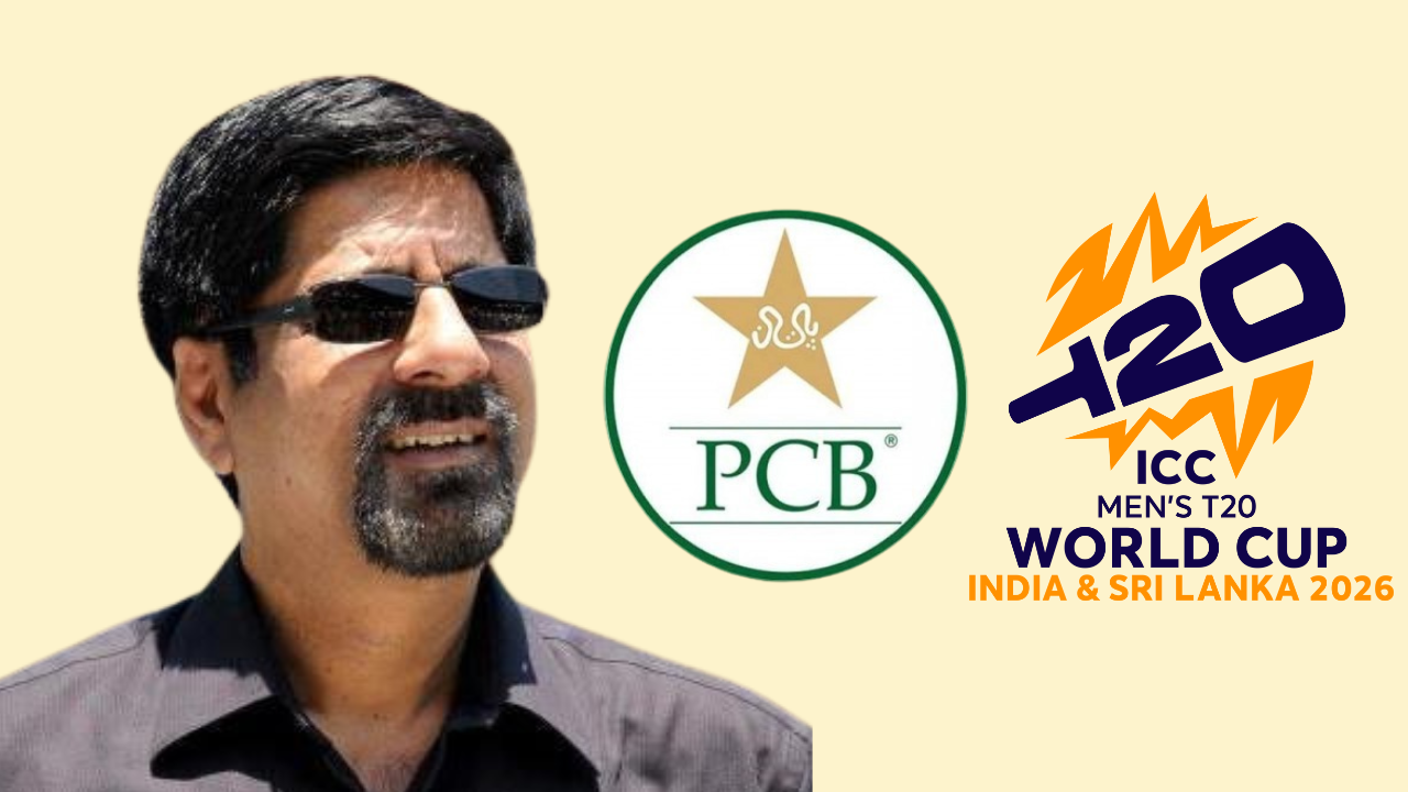 Krishnamachari Srikkanth with PCB (Pakistan Cricket Board) and ICC Men's T20 World Cup 2026 logos for India and Sri Lanka.