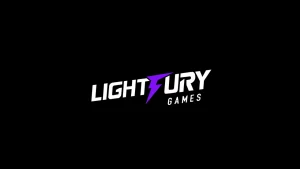 Lightfury Games logo featuring a purple lightning bolt on a black background