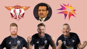 Logos of Manchester Super Giants and RPSG Group, with team owner Sanjiv Goenka, and players Jos Buttler, Heinrich Klaasen, and Sophie Ecclestone featured.