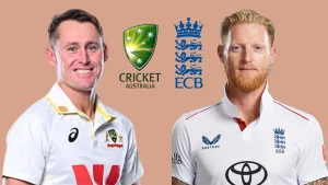 Marnus Labuschagne and Ben Stokes with Cricket Australia and ECB logos in the background, symbolizing the Ashes rivalry between Australia and England