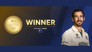 Mitchell Starc named ICC Men’s Player of the Month for December 2025, pictured with the award logo and Australia Test jersey.