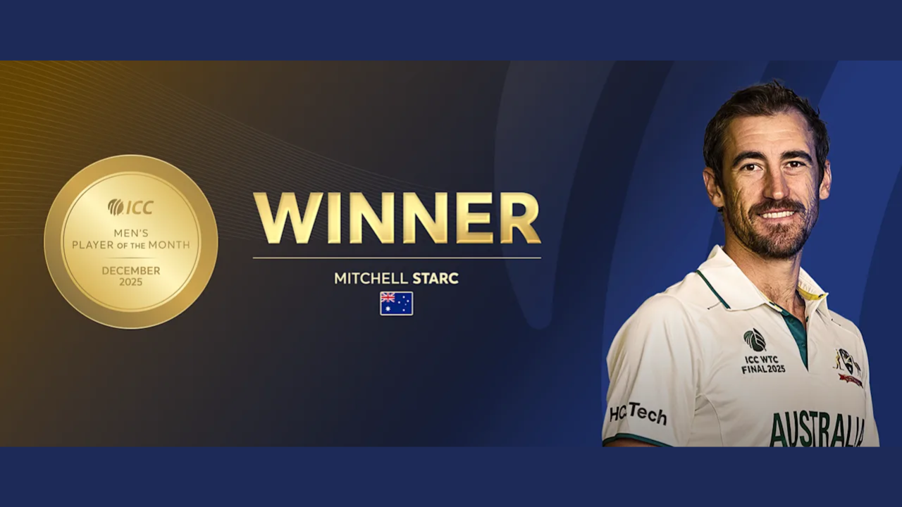 Mitchell Starc named ICC Men’s Player of the Month for December 2025, pictured with the award logo and Australia Test jersey.