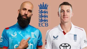 Moeen Ali and Harry Brook in England cricket kits with ECB logo in the background