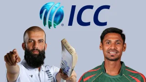 Moeen Ali and Mustafizur Rahman featured with ICC logo in background, representing international cricket
