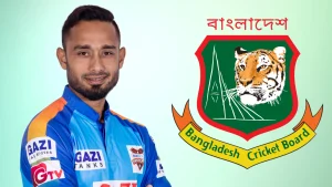 Bangladeshi cricketer Mohammad Mithun posing in his team jersey beside the Bangladesh Cricket Board (BCB) logo on a light green background.