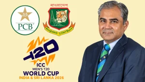 Mohsin Naqvi with logos of Pakistan Cricket Board, Bangladesh Cricket Board, and ICC Men's T20 World Cup 2026 hosted by India and Sri Lanka