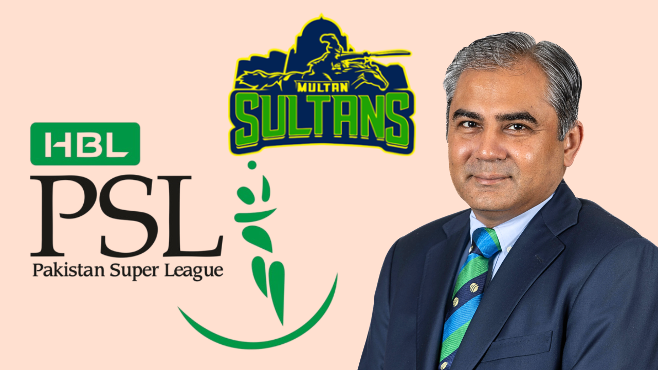 Mohsin Naqvi pictured alongside the HBL Pakistan Super League (PSL) logo and Multan Sultans team logo.