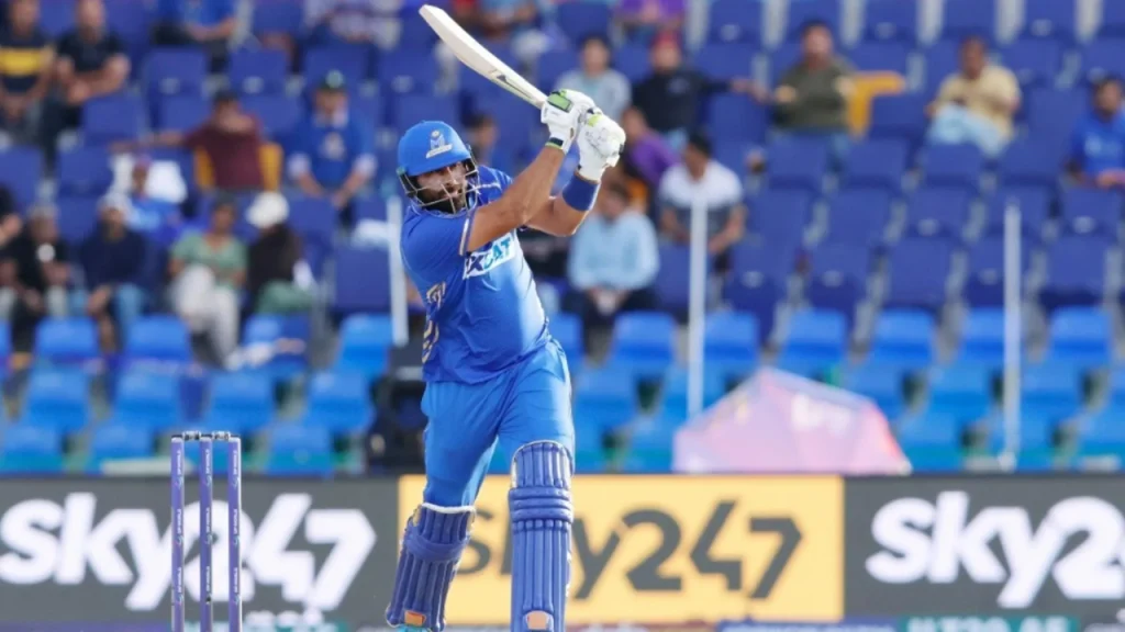 Muhammad Waseem of MI Emirates playing a powerful shot during an ILT20 2026 match