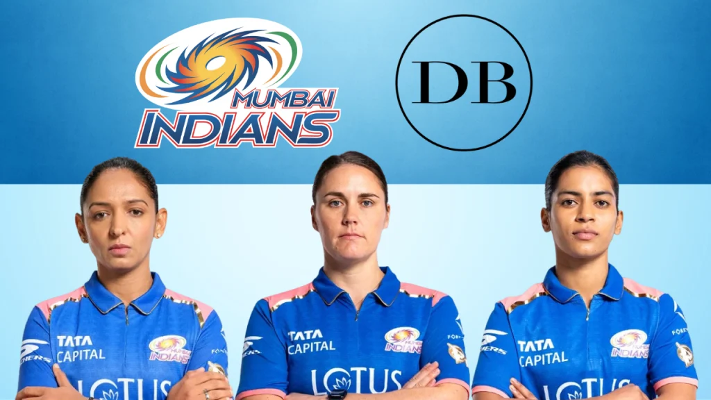 Mumbai Indians players Harmanpreet Kaur, Natalie Sciver-Brunt, and Amanjot Kaur pose in team jerseys with Mumbai Indians and De Beers Group logos in the background, highlighting brand partnership in 2026.