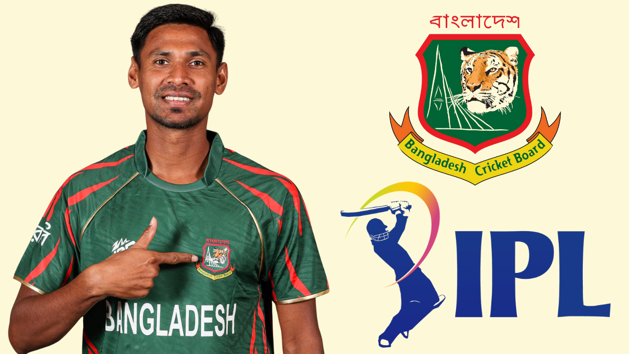 Bangladeshi cricketer Mustafizur Rahman pointing to the Bangladesh Cricket Board (BCB) logo on his jersey, with BCB and IPL logos displayed beside him