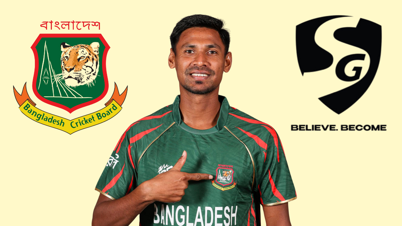Bangladeshi cricketer Mustafizur Rahman in team jersey pointing to the Bangladesh Cricket Board (BCB) logo, with the SG (Sanspareils Greenlands) logo and slogan "Believe. Become" in the background.