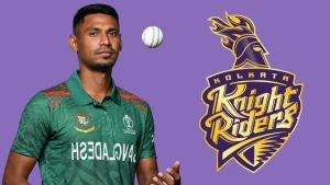 Bangladeshi cricketer Mustafizur Rahman poses in national team jersey with Kolkata Knight Riders (KKR) logo in the background.