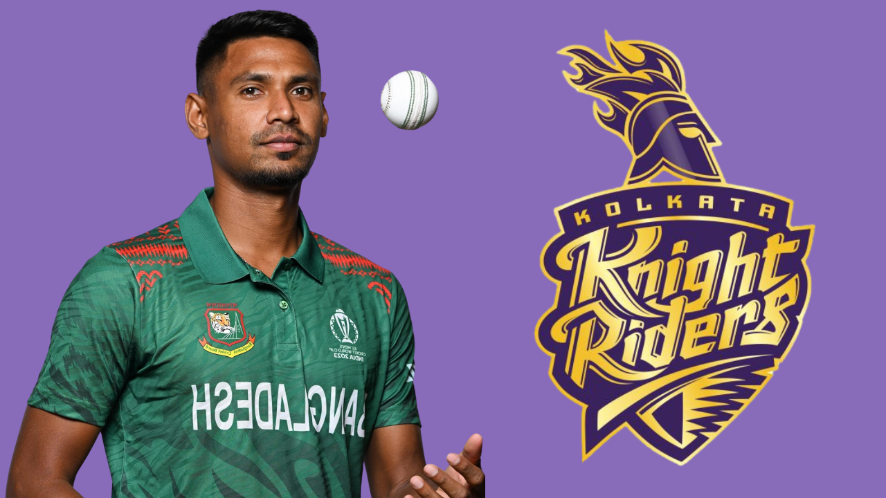 Bangladeshi cricketer Mustafizur Rahman poses in national team jersey with Kolkata Knight Riders (KKR) logo in the background.