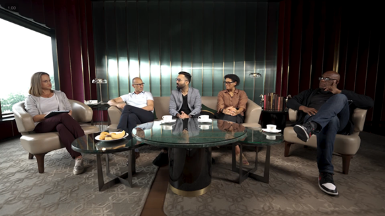 Nasser Hussain, Dinesh Karthik, and Ian Bishop appear on JioStar’s cricket panel show 'The Experts’ View' alongside fellow analysts during a studio discussion.
