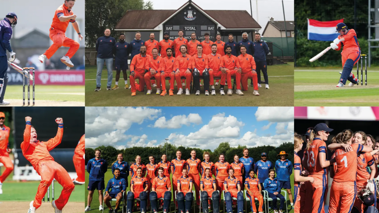 Netherlands men's and women's national cricket teams in action and team group photos during 2025 season