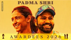 Indian cricketers Rohit Sharma and Harmanpreet Kaur featured in a graphic celebrating their recognition as Padma Shri awardees in 2026.