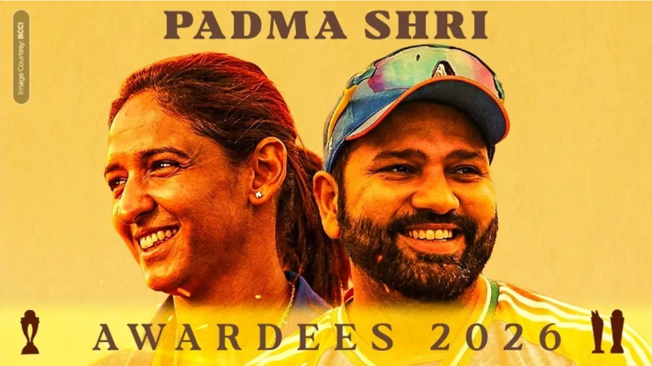 Indian cricketers Rohit Sharma and Harmanpreet Kaur featured in a graphic celebrating their recognition as Padma Shri awardees in 2026.