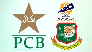 Logos of Pakistan Cricket Board (PCB), Bangladesh Cricket Board (BCB), and ICC Men's T20 World Cup 2026 hosted by India and Sri Lanka.