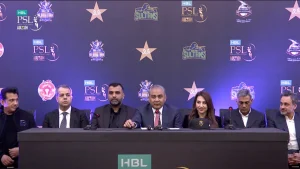 PSL 2026 team auction press conference featuring new team owners, PCB Chairman Mohsin Naqvi, and PSL CEO Salman Naseer