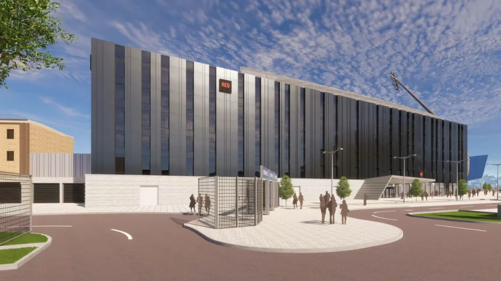 Rendering of the Radisson RED hotel at Edgbaston Stadium’s North Entrance, part of Warwickshire CCC’s infrastructure development in Birmingham.