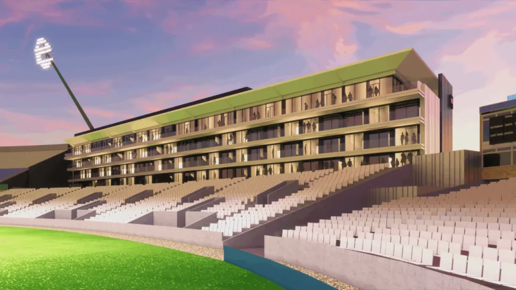 Rendering of the Radisson RED hotel’s south-facing side at Edgbaston Stadium, offering pitch views and integrated seating as part of Warwickshire CCC’s redevelopment.