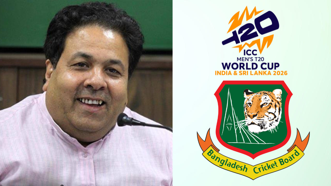 Rajeev Shukla smiling during a press event, alongside the logos of the Bangladesh Cricket Board and ICC Men’s T20 World Cup 2026 hosted by India and Sri Lanka.