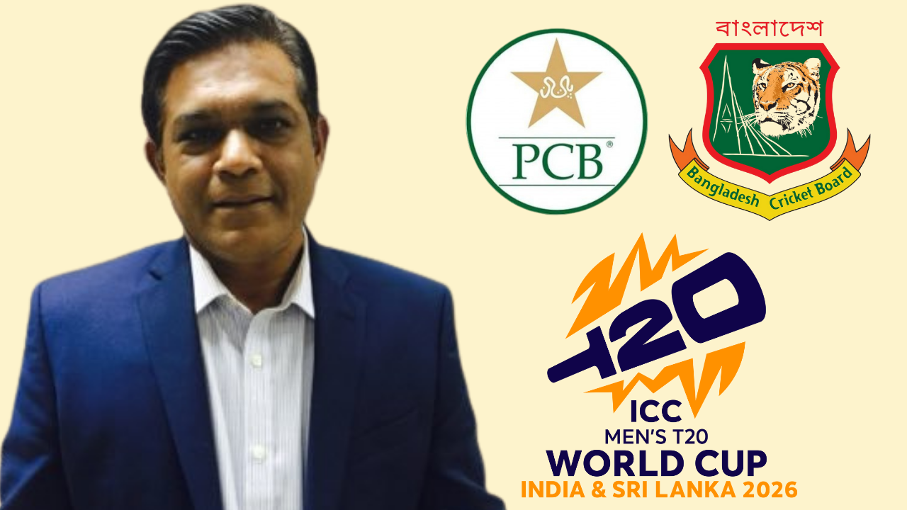 Rashid Latif with PCB, Bangladesh Cricket Board, and ICC T20 World Cup 2026 logos ahead of the tournament in India and Sri Lanka