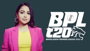 Ridhima Pathak in a pink blazer featured with the Bangladesh Premier League BPL T20 2026 logo