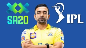 Robin Uthappa in Chennai Super Kings jersey with SA20 and IPL logos in the background, representing league comparison discussion