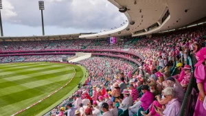 Crowd in pink clothing at Sydney Cricket Ground during the Pink Test for breast cancer awareness