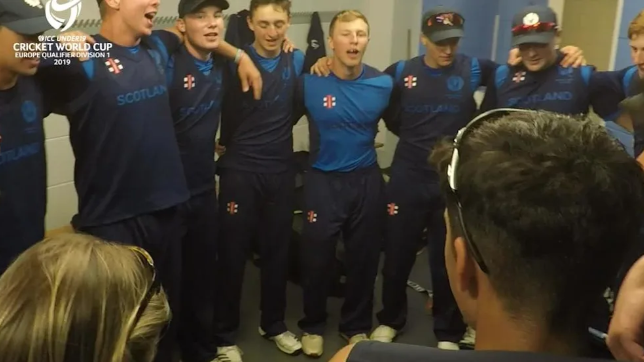 Scotland Under-19 cricket team in a post-match huddle during the ICC U19 World Cup Europe Qualifier 2019
