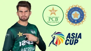 Pakistani cricketer Shaheen Shah Afridi with PCB, BCCI, and Asia Cup logos representing cricket rivalry and tournament context