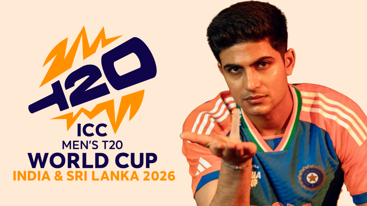 Shubman Gill in India jersey posing next to ICC Men's T20 World Cup 2026 logo for India and Sri Lanka