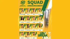 Official squad announcement for South Africa's cricket team for the ICC Men's T20 World Cup 2026, featuring players like Markram, De Kock, Rabada, and Nortje.