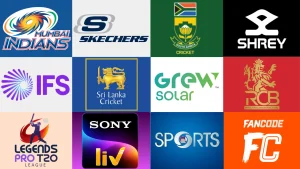 Collage of cricket and sports-related brand logos including Mumbai Indians, Royal Challengers Bangalore (RCB), South Africa Cricket, Sri Lanka Cricket, Legends Pro T20 League, Sony Liv, FanCode, and others.