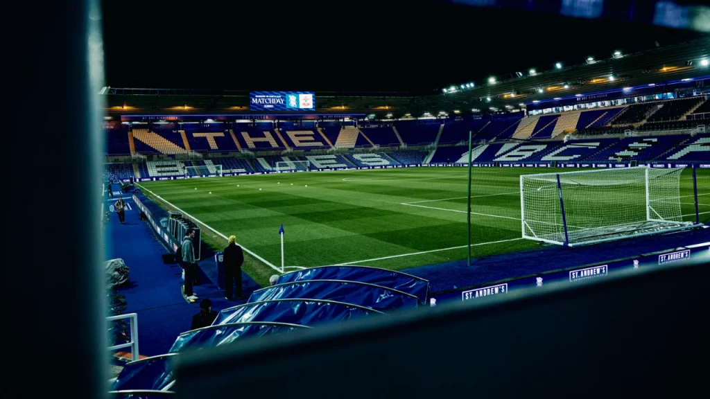St. Andrew's Stadium, the home of Birmingham City FC, lit up and ready for a match night