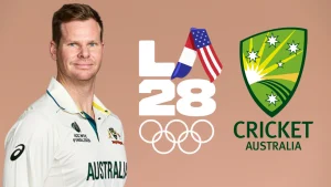 Australian cricketer Steve Smith with Cricket Australia and LA28 Olympics logos, highlighting cricket's inclusion in the 2028 Los Angeles Olympic Games.