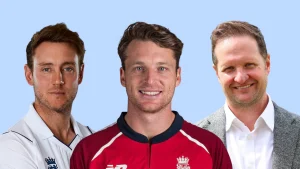 England cricket figures Stuart Broad, Jos Buttler, and Rob Key posing together, representing the national team and cricket leadership.