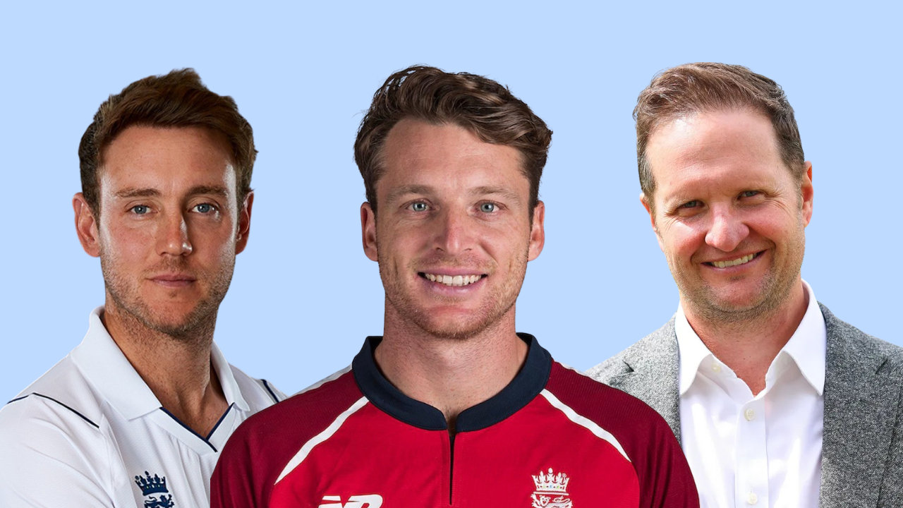 England cricket figures Stuart Broad, Jos Buttler, and Rob Key posing together, representing the national team and cricket leadership.