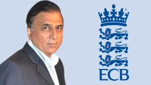 Sunil Gavaskar alongside the England and Wales Cricket Board (ECB) logo on a light blue background.