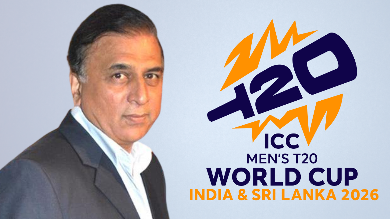 Sunil Gavaskar pictured alongside the ICC Men’s T20 World Cup 2026 logo, highlighting the tournament hosted by India and Sri Lanka.