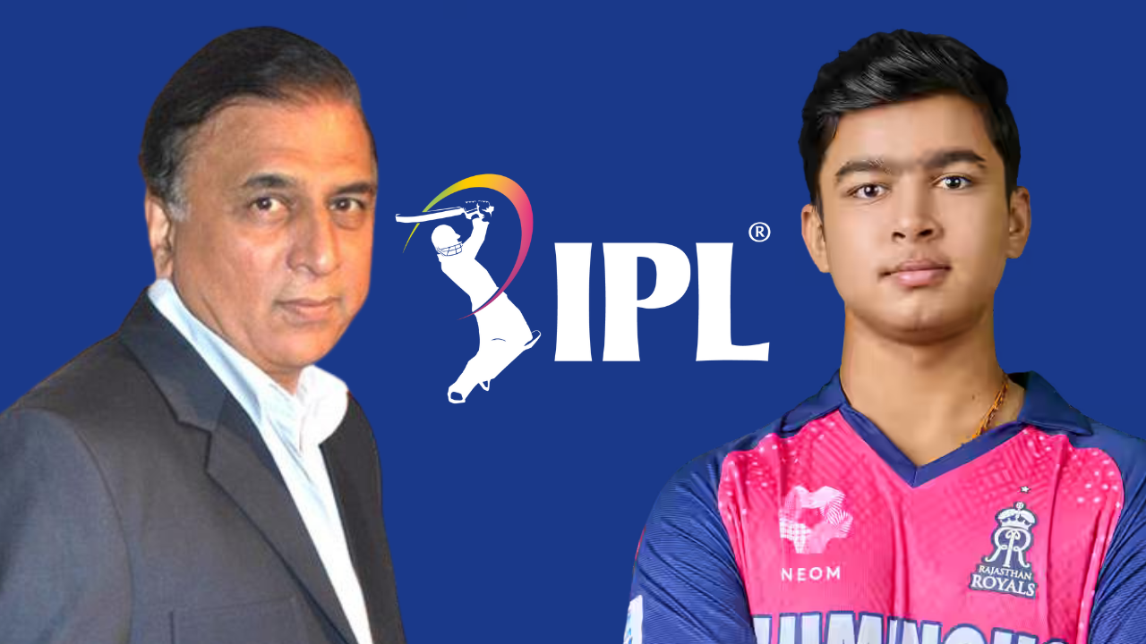 Indian cricket legend Sunil Gavaskar and Rajasthan Royals player Vaibhav Sooryavanshi featured with IPL logo, highlighting generational presence in IPL 2026.