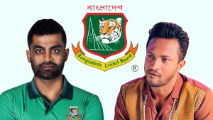 Tamim Iqbal in Bangladesh cricket jersey and Shakib Al Hasan in casual attire with the Bangladesh Cricket Board (BCB) logo centered between them on a light background.