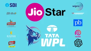 Logos of Tata WPL 2026 sponsors and brand partners including Jio, Star, SBI, Kingfisher, Wipro, Reckitt, and others on blue background