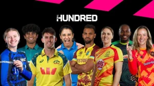 Group of international male and female cricket players in team kits promoting The Hundred 2026 tournament